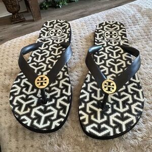 Tory Burch Black and White Geometric Flip Flops, Size 9